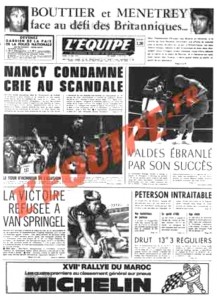 L'Équipe, 27/05/1974, « Nancy condamné crie au scandale » — Lors de cette ultime journée de championnat, Nancy bat Lyon (3-1) et croit le maintien acquis. Mais sur deux autres terrains, des fins de match suspectes marquées par une avalanche de buts précipitent l’ASNL en D2. Le club lorrain crie au scandale…